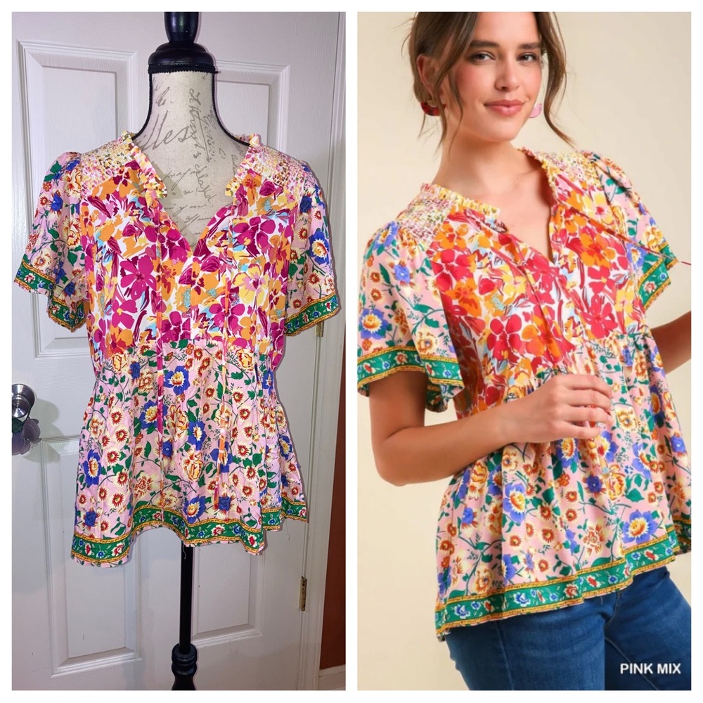 NWT Umgee Multicolor Floral Lacey Short Sleeve Top sz Medium